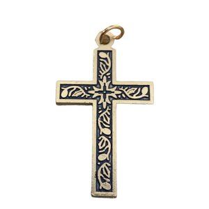 Vintage 1 1/4" Silvertone Pendant Cross Blue Embossing Jewelry for Necklace